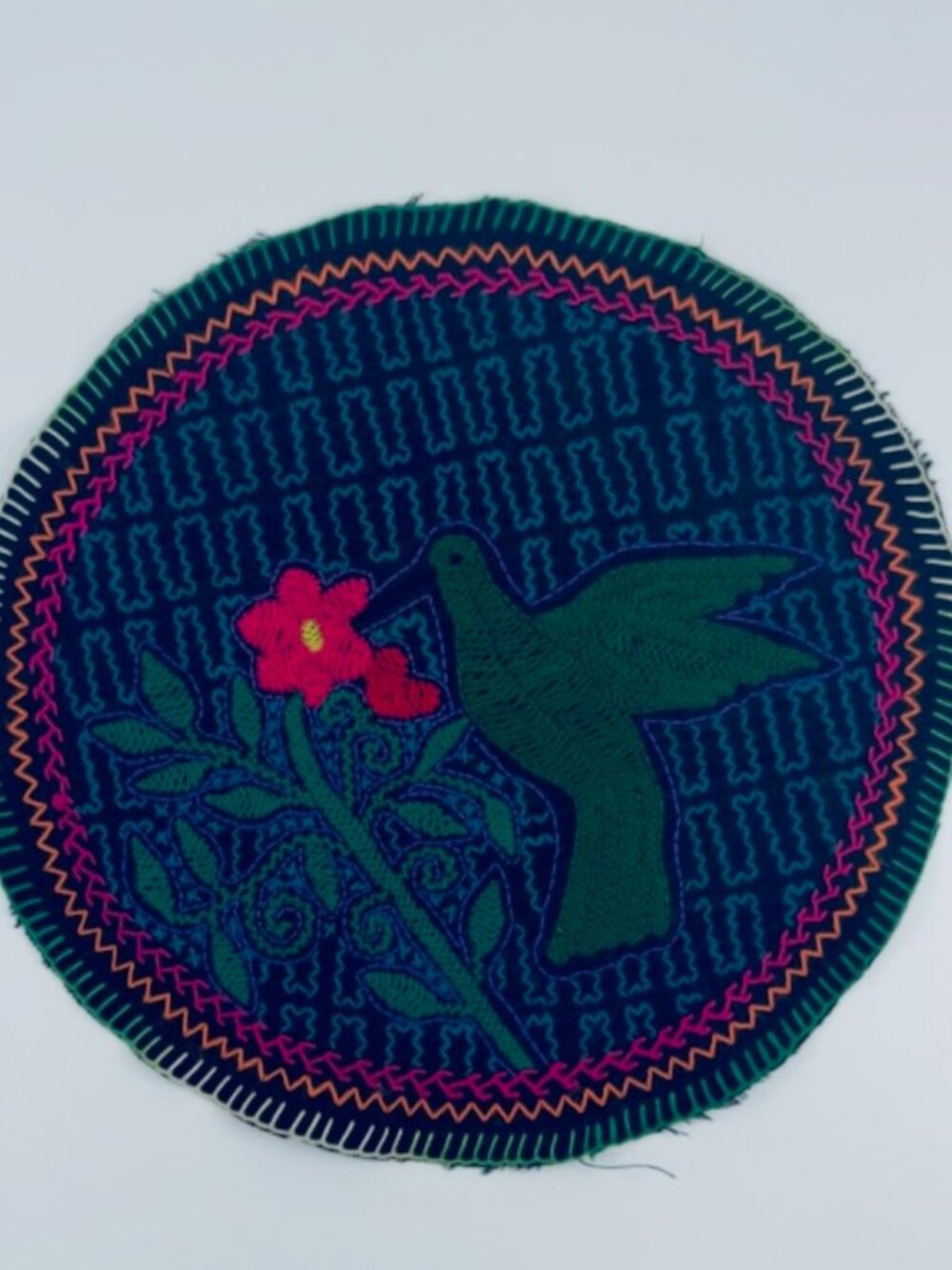 Authentic Shipibo Embroidered Patch / Textile Circle — Hummingbird Motif